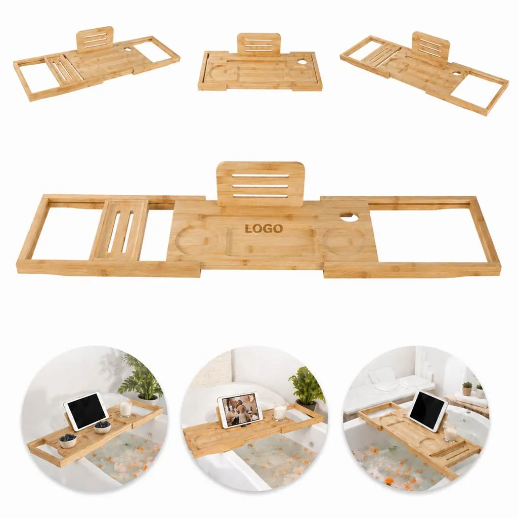 Adjustable Bamboo Bathtub Caddy with Side Grooves