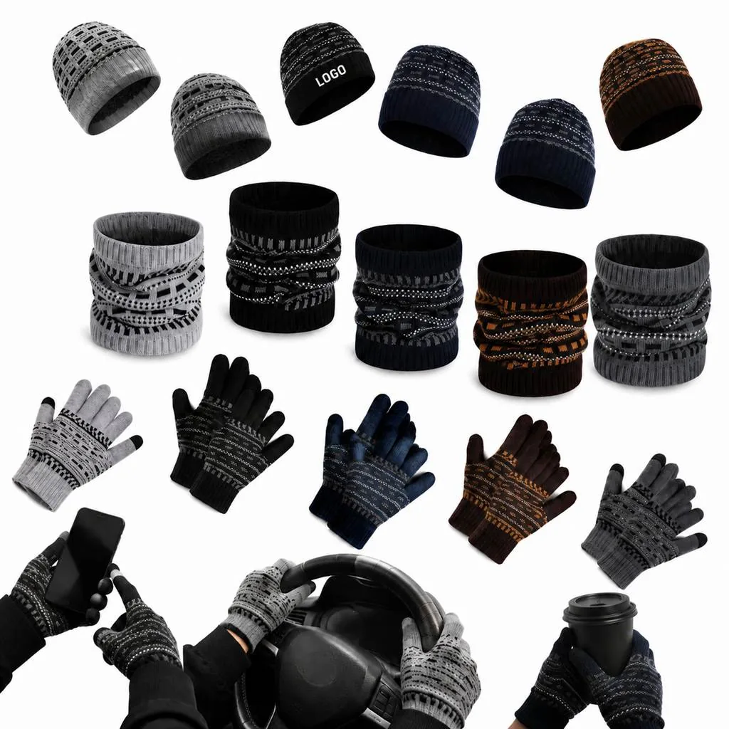 3-Piece Knit Hat Scarf Gloves Set with Touchscreen Fingers