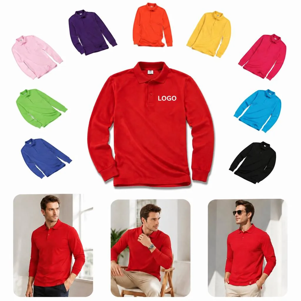 Men's Long Sleeve Cotton Polo Shirt with Chest Pocket