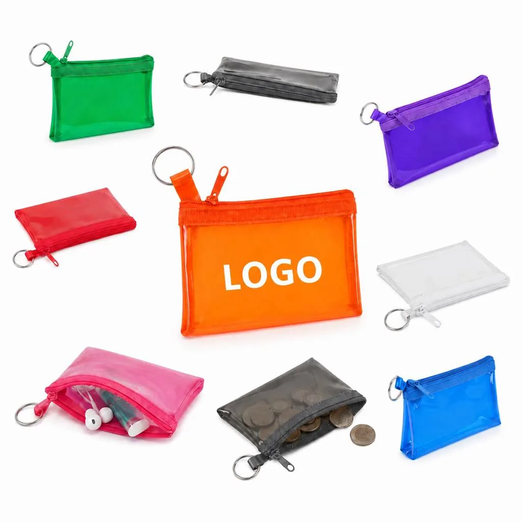 Clear PVC Zippered Wallet with Keychain, Compact Coin Purse