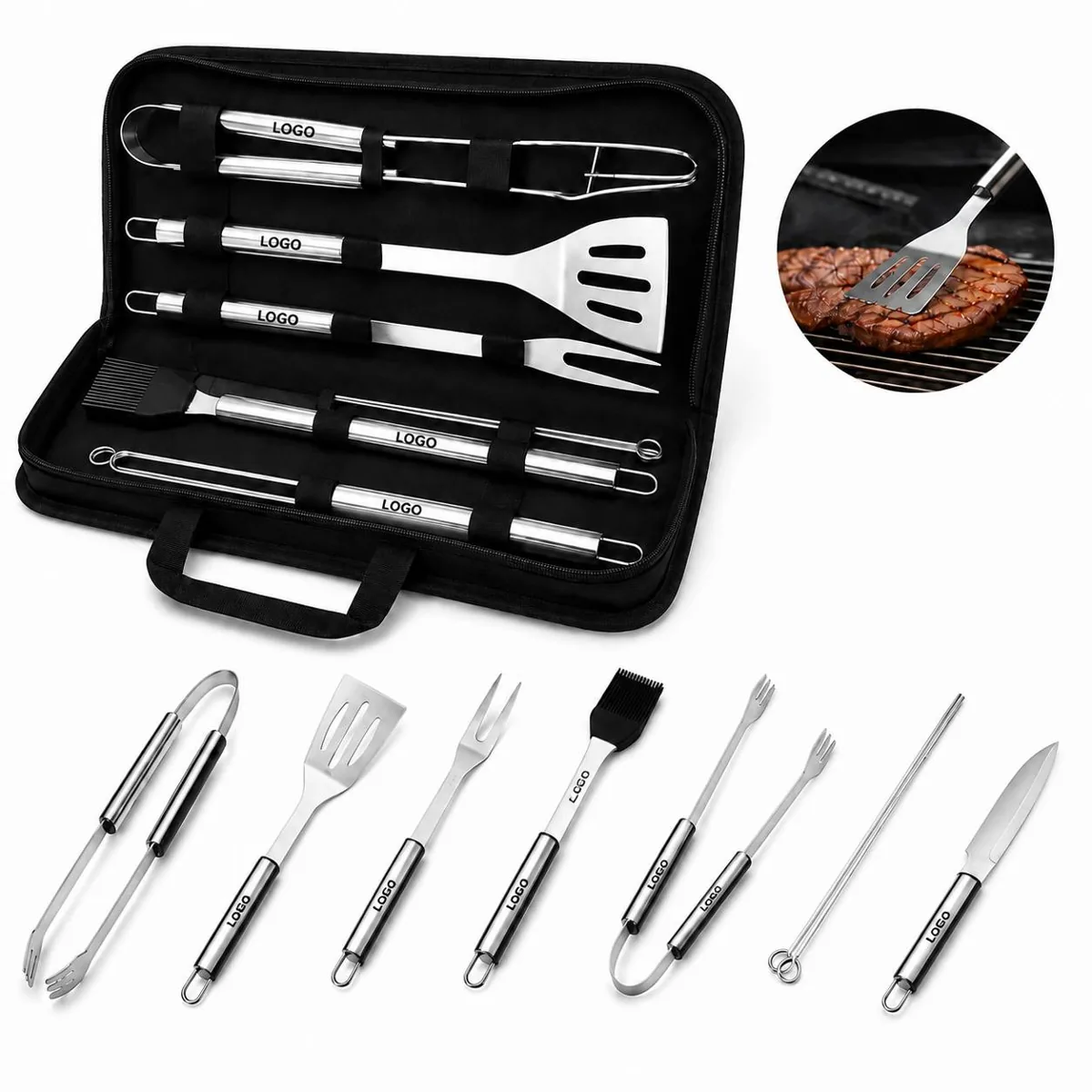 Stainless Steel 9-Piece BBQ Grill Tool Set with Storage Case