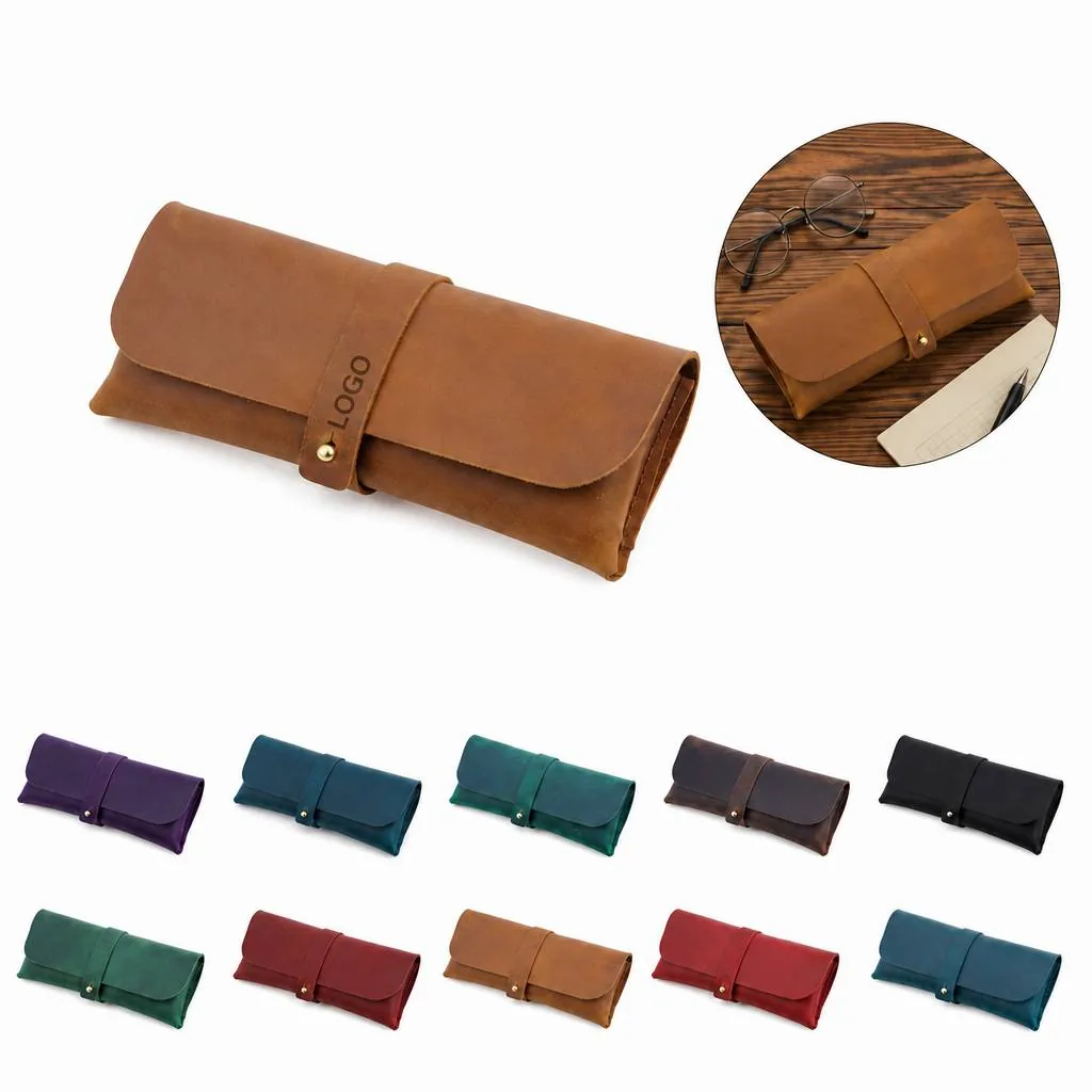 Genuine Cowhide Leather Pencil Case, Zippered Pen Organizer