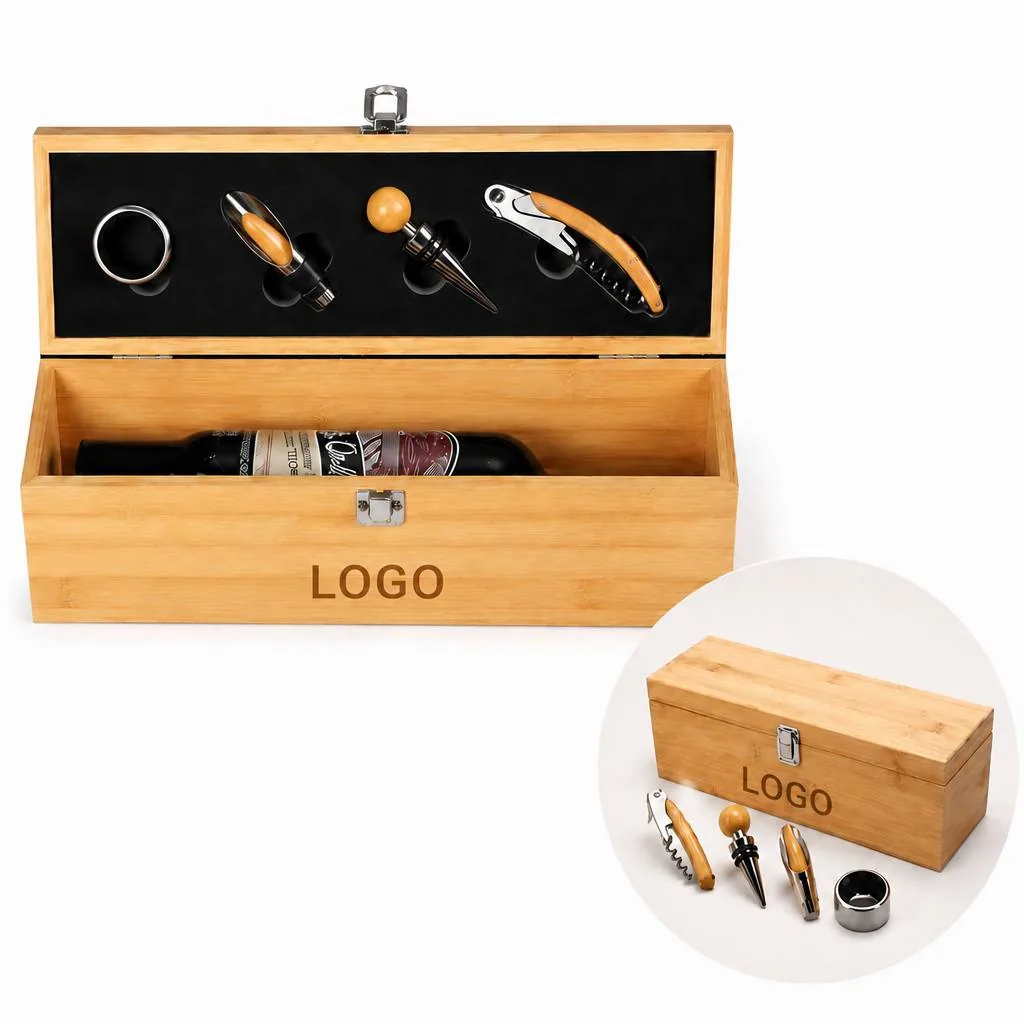 Bamboo Wine Opener Gift Set with Foil Cutter, Pour Spout &