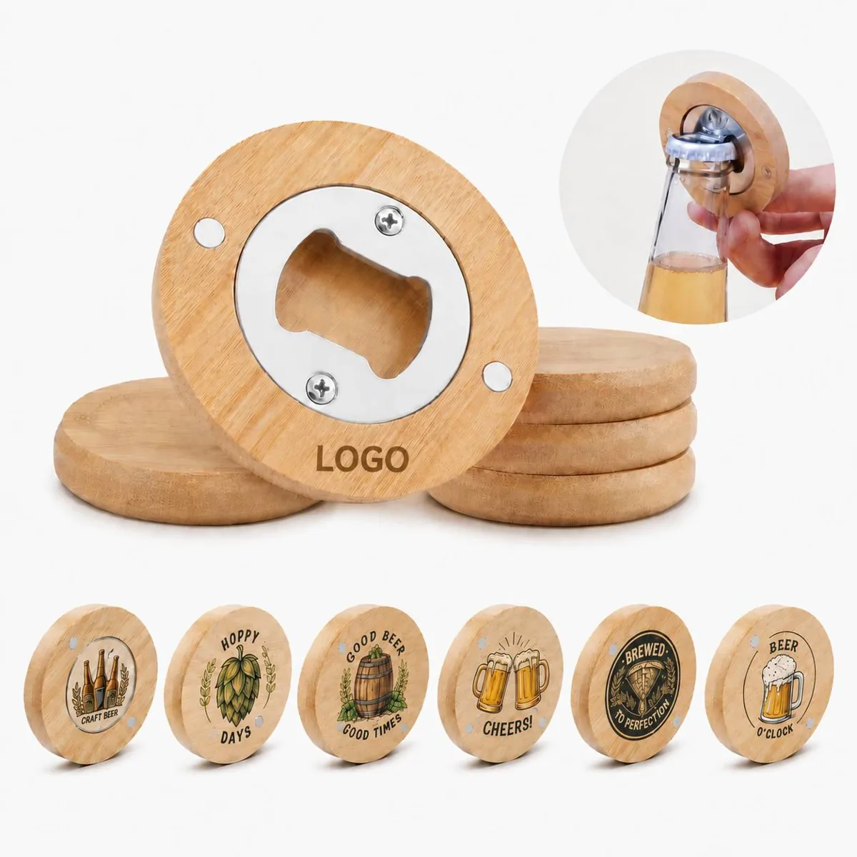 Magnetic Bamboo Bottle Opener with Built-in Cap Catcher