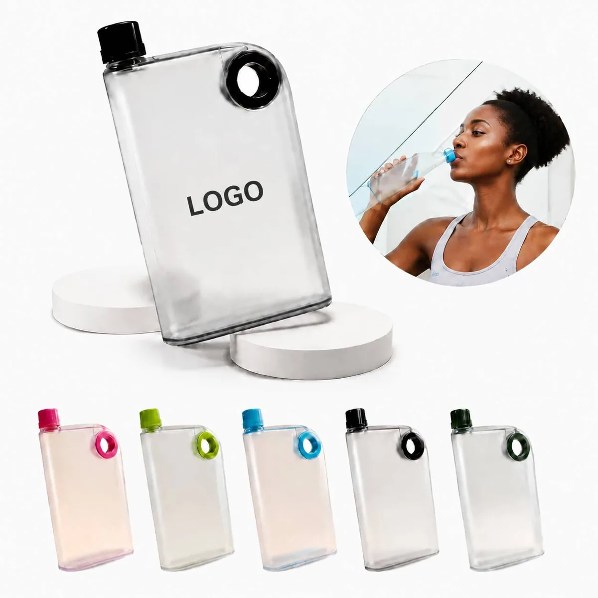 Frosted Flat Water Bottle with Round-Hole Lid, Portable