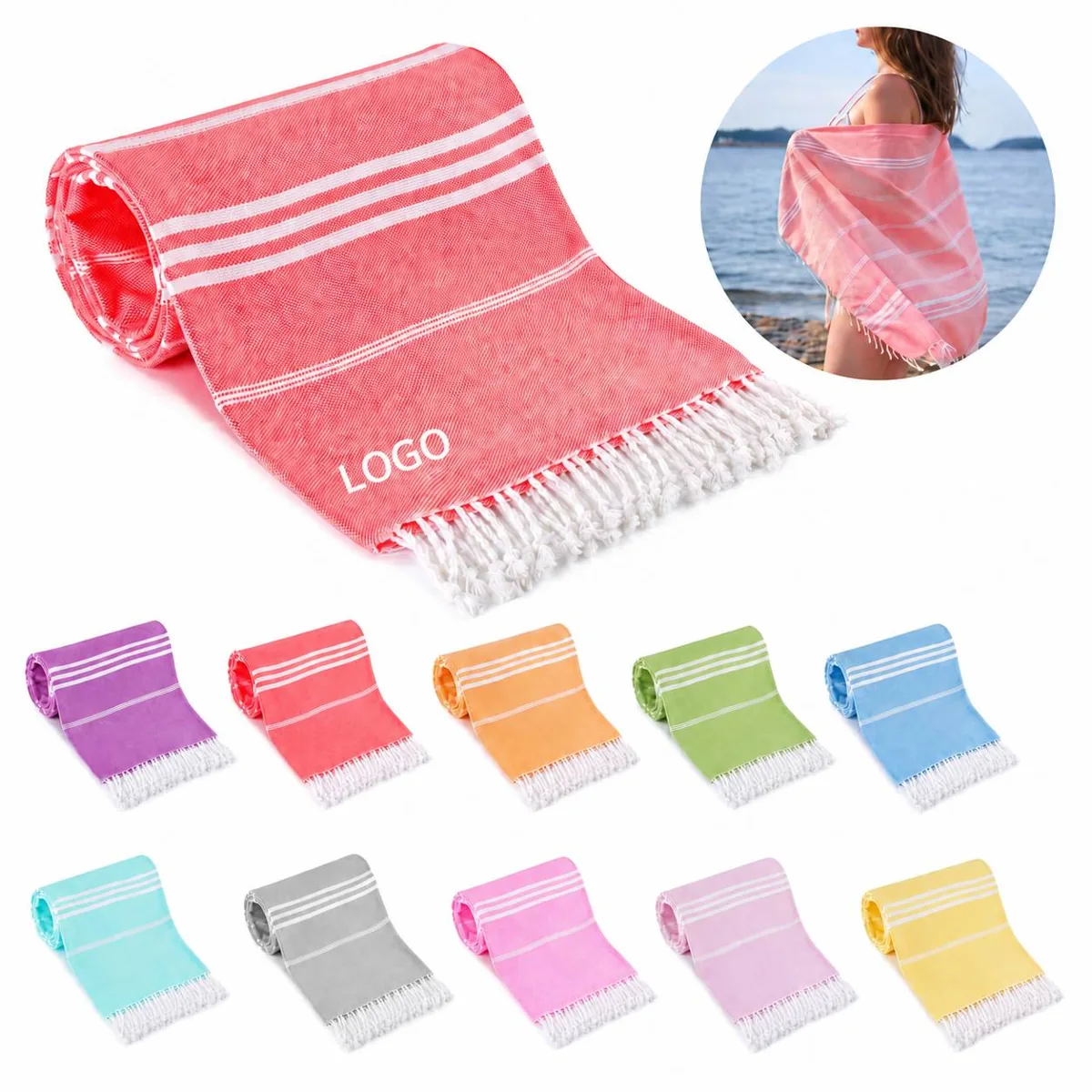 100% Cotton Turkish Beach Towel, Quick-Dry & Soft