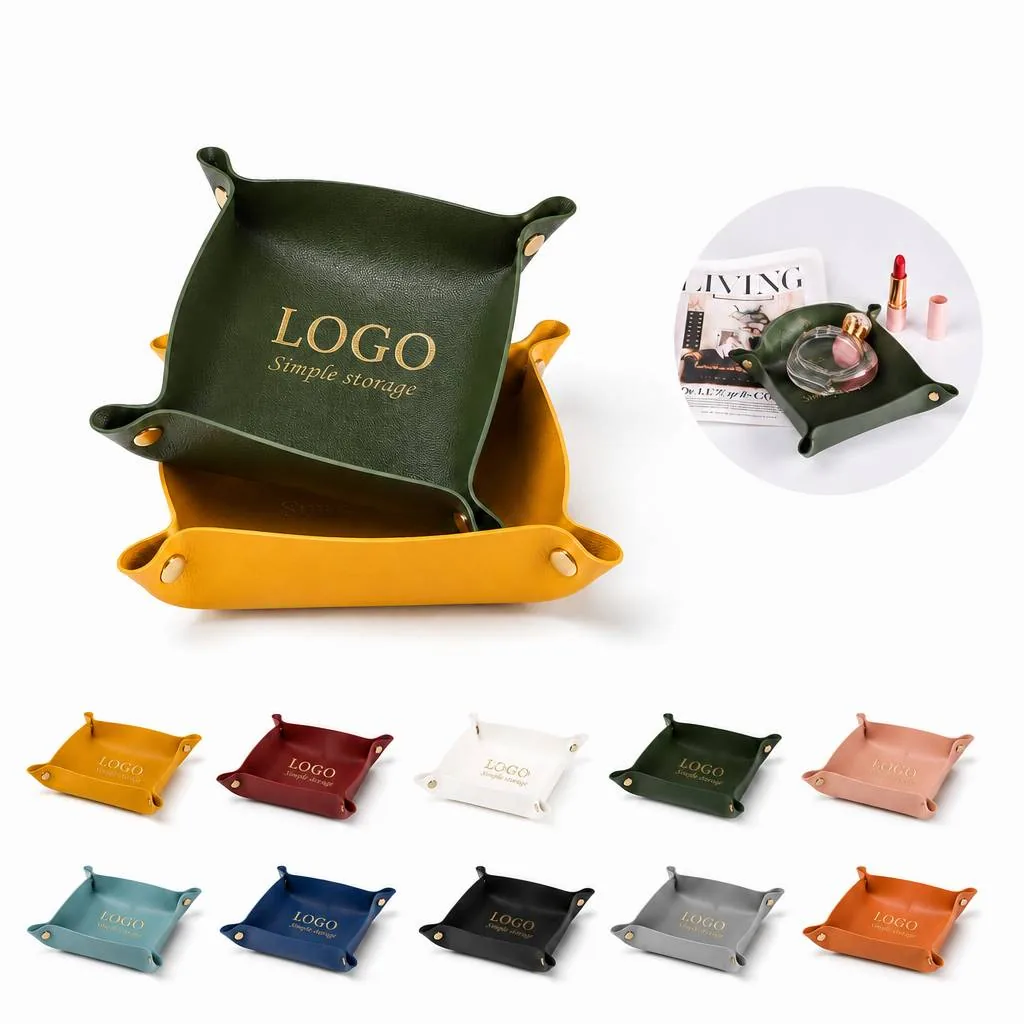 Folding PU Leather Valet Tray Desk Organizer for Keys and More