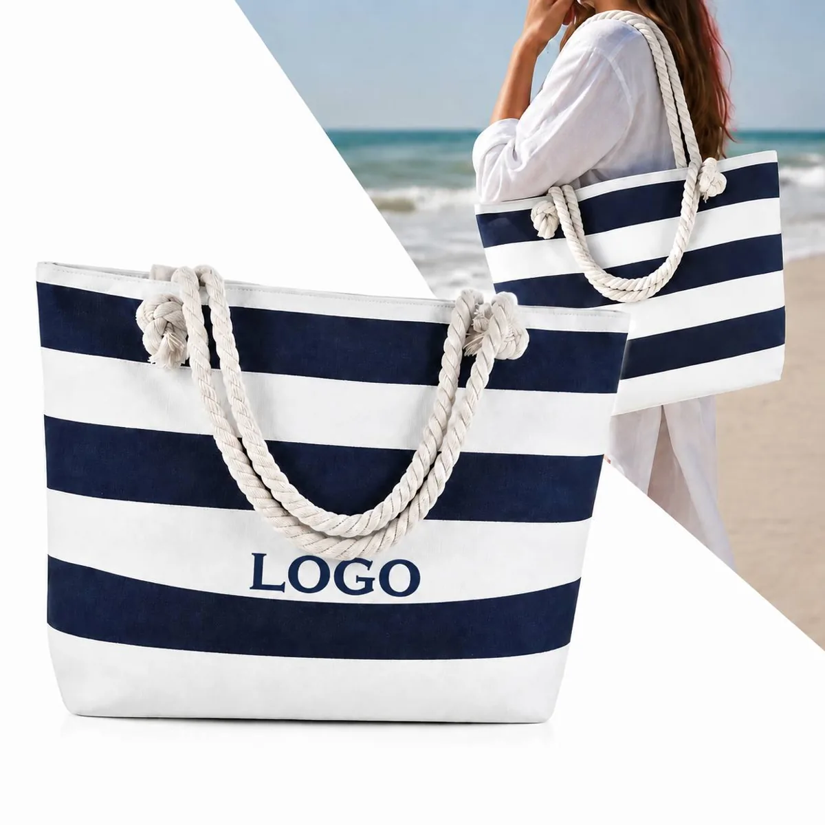 Striped Canvas Zippered Tote - Large Beach Bag with Pockets