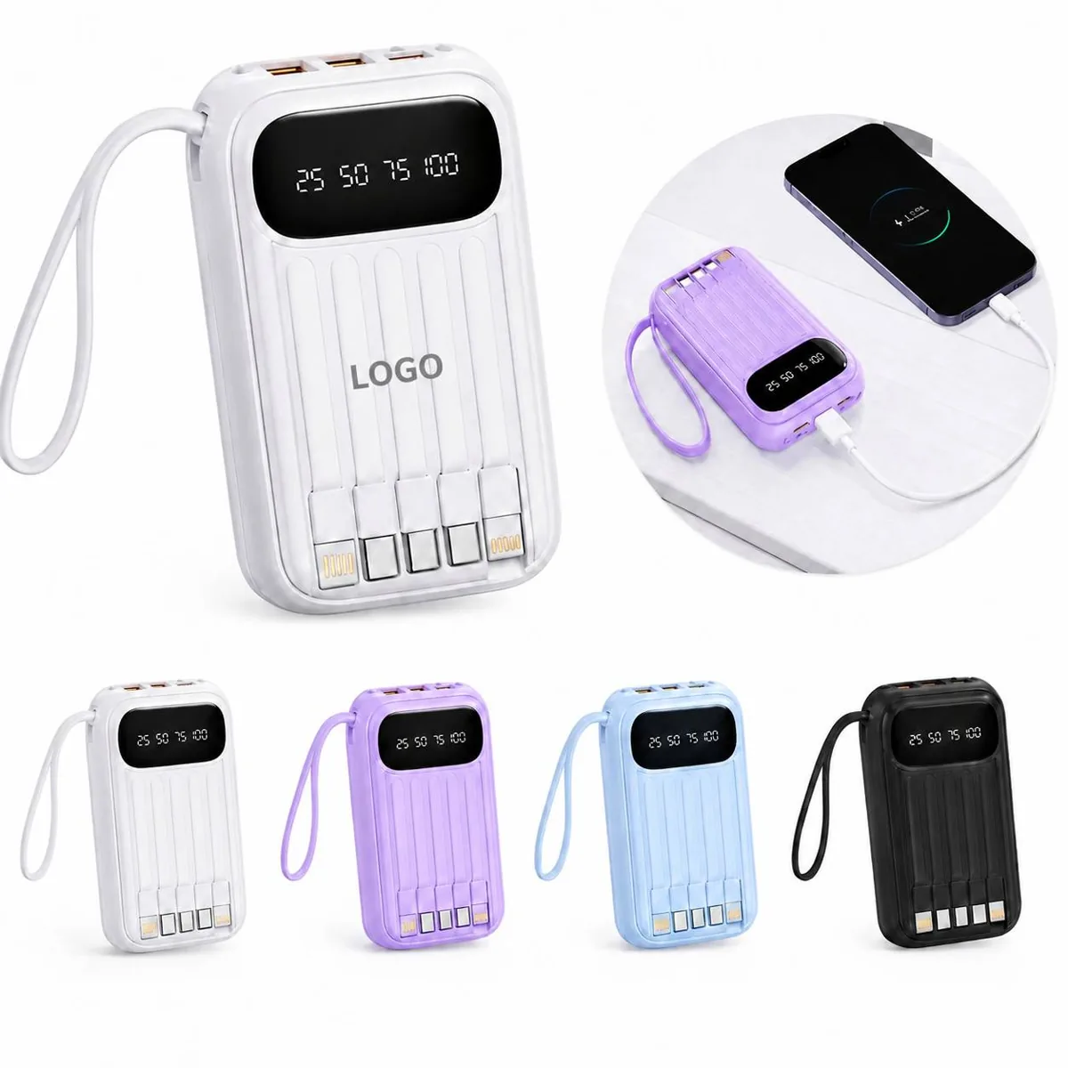10000mAh Power Bank with Built-in Cables for Phone Tablet