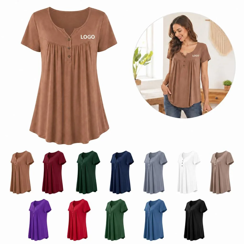 Women's Long Sleeve Loose Fit Henley Tunic Top Button-Up