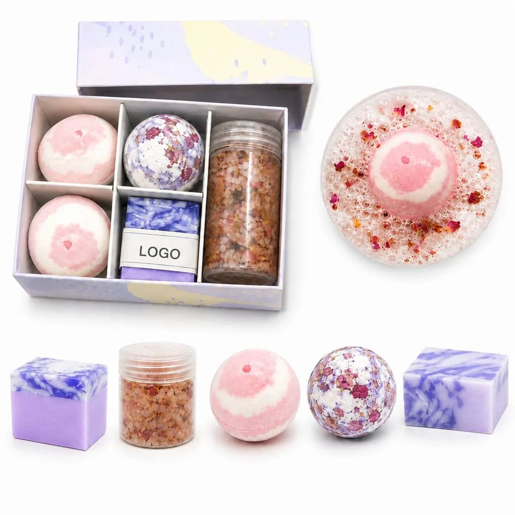 Lavender Bath Salts Gift Set with 5 Fizzy Essential Oil