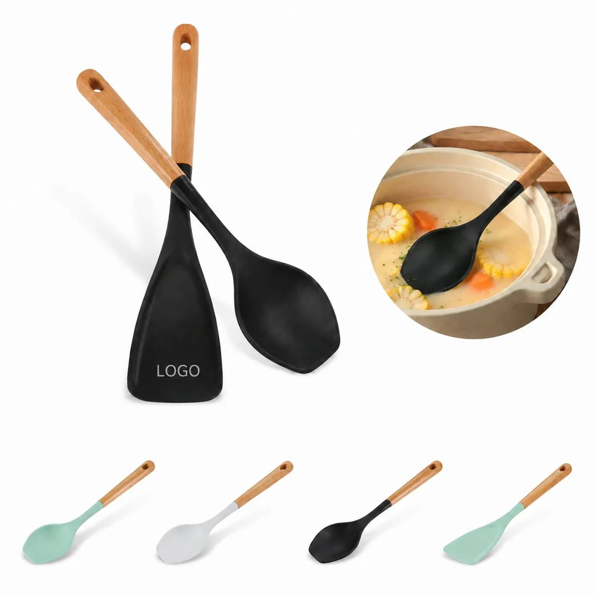 Wooden Handle Silicone Spatula Heat-Resistant for Non-Stick
