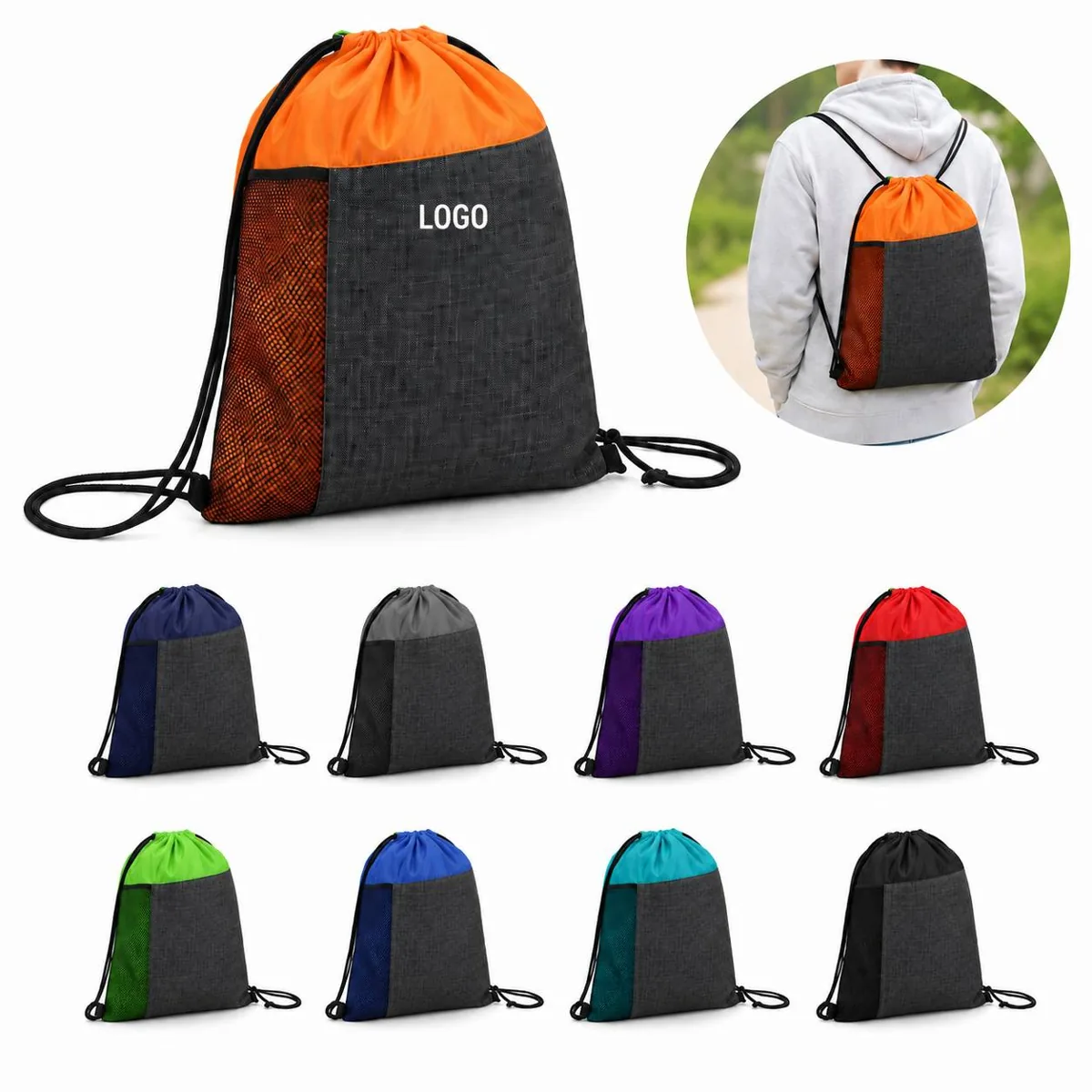 Colorblock Drawstring Sport Backpack with Mesh Pocket
