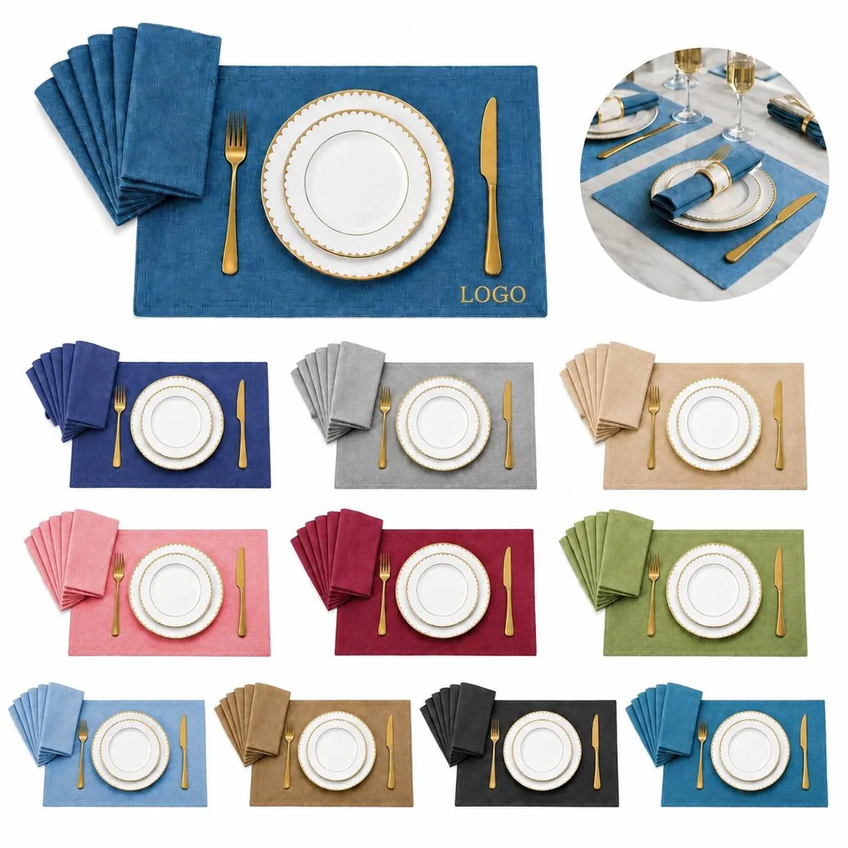 Solid Color Linen Placemats Set for Dining Table Heat