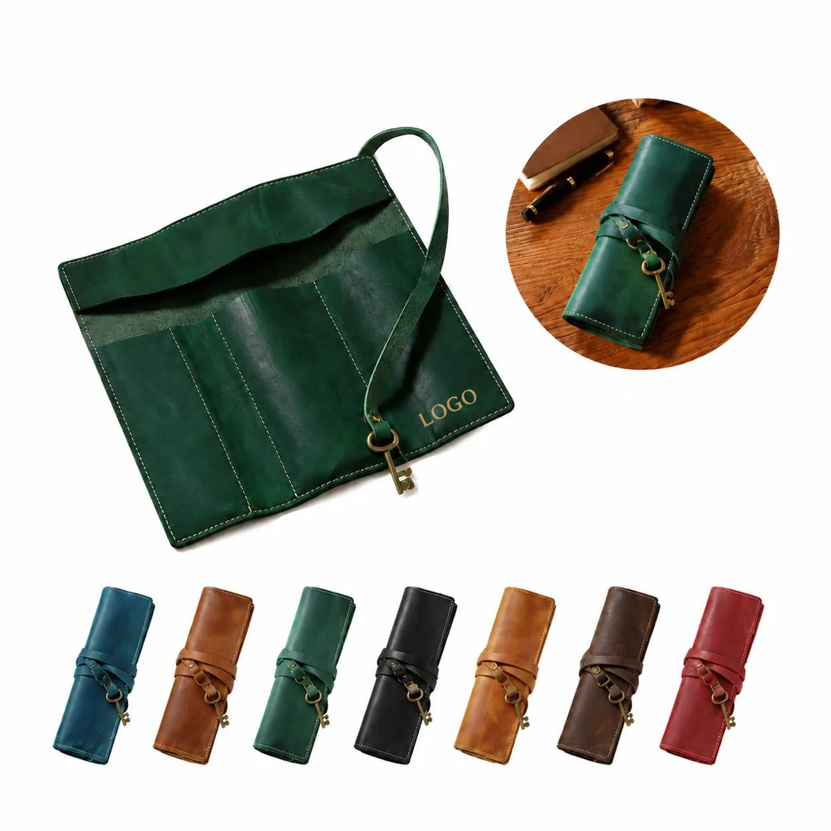 Cowhide Roll-Up Pen Case Portable Storage Organizer with Added Functionality
