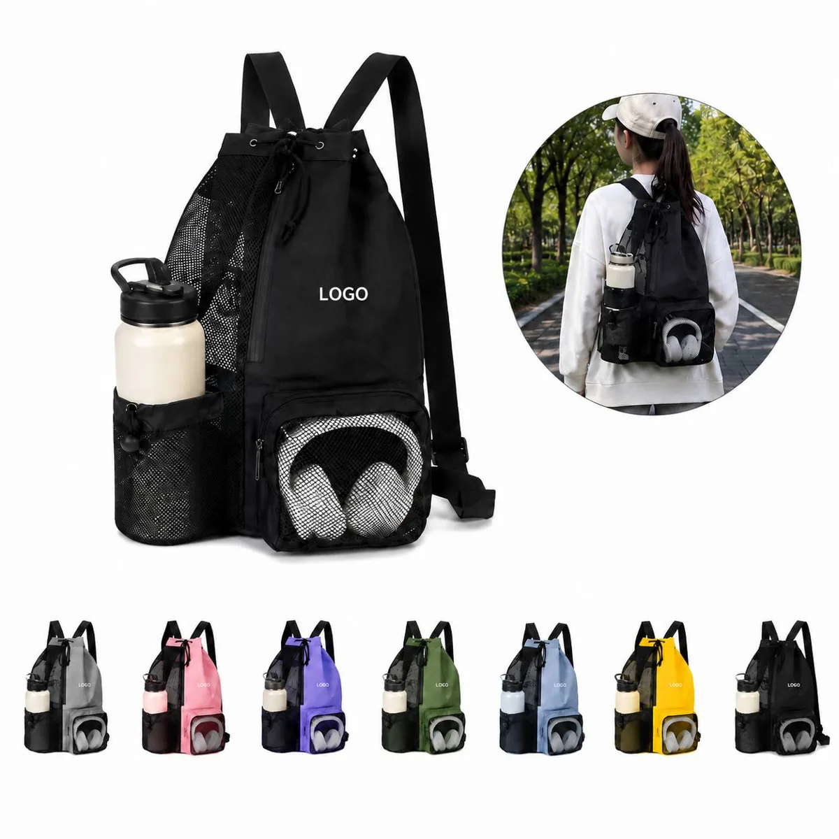 Mesh Drawstring Swim Backpack with Wet Dry Pocket