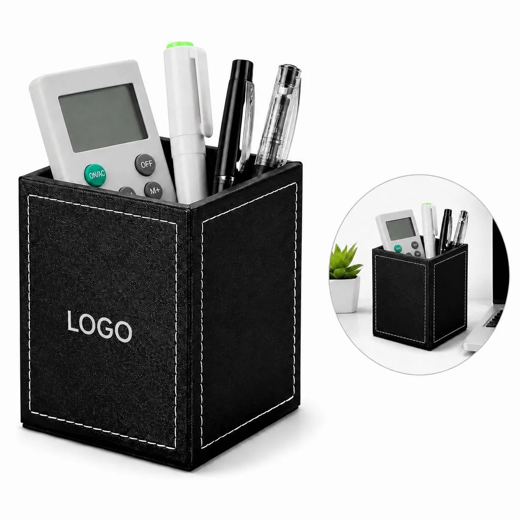 Genuine Leather Square Pen Holder, Desktop Organizer for Everyday Use