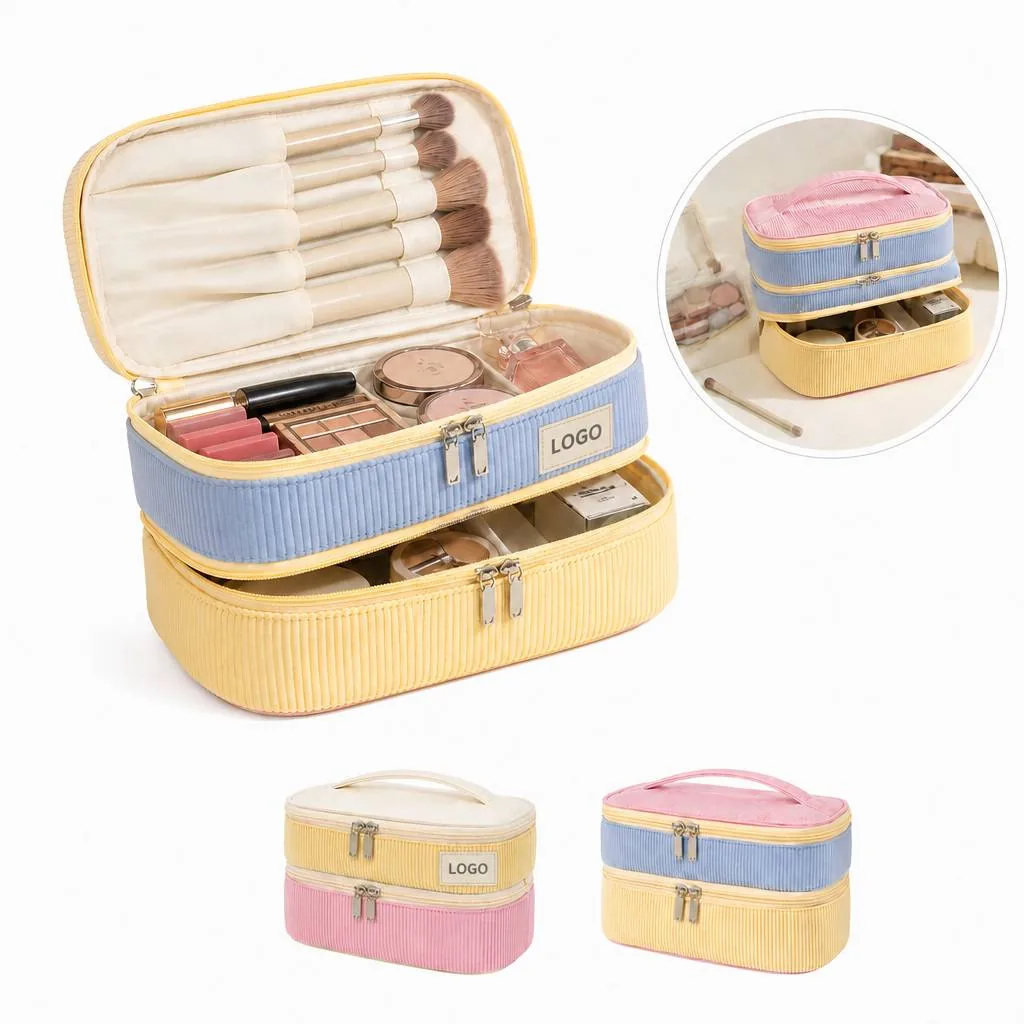Corduroy Double-Layer Storage Bag for Makeup & Accessories