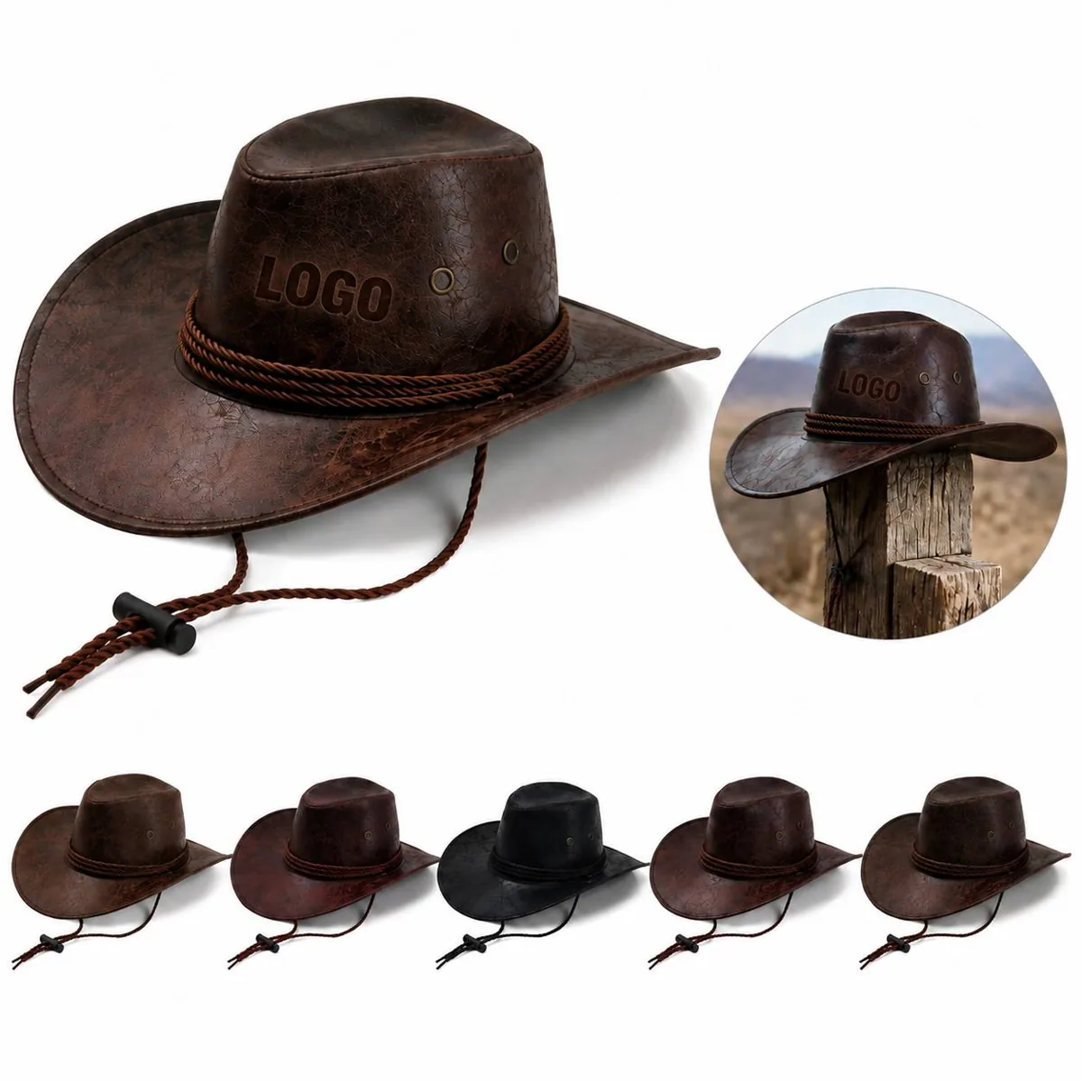 Men's Women's PU Leather Cowboy Hat Wide Brim Adjustable