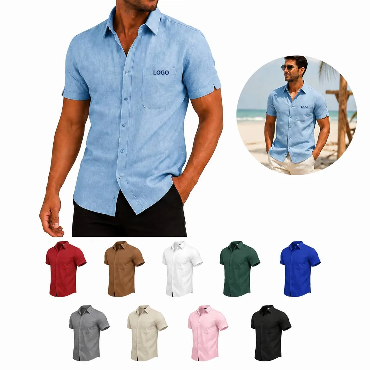 Men's Cotton-Linen Short Sleeve Casual Button-Down Shirt