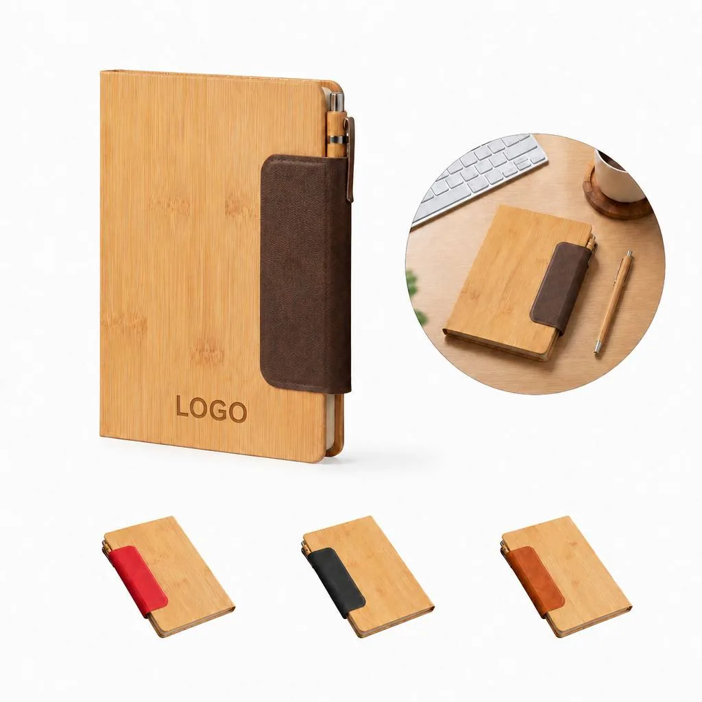 Eco-Friendly A5 PU Leather Bamboo Notebook Set with Pen