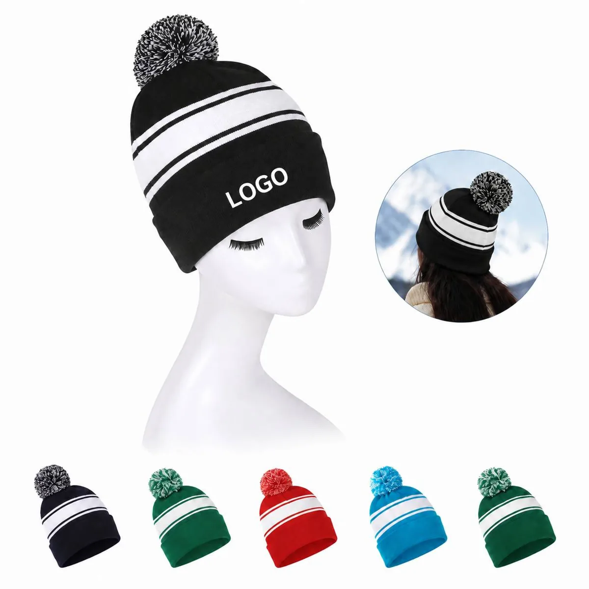 Two Tone Knit Pom Beanie with Cuff for Warm Winter Wear