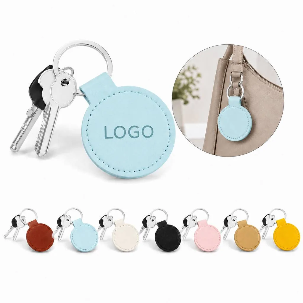 Round PU Leather Keychain with Metal Ring and Snap Closure