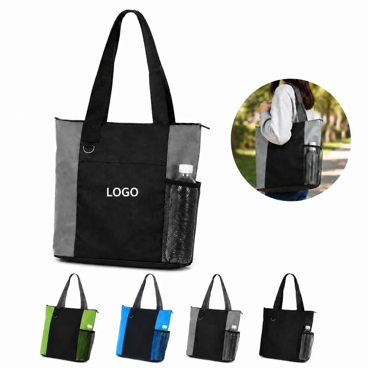 Custom Oxford Tote Bag with Mesh Side Bottle Holder