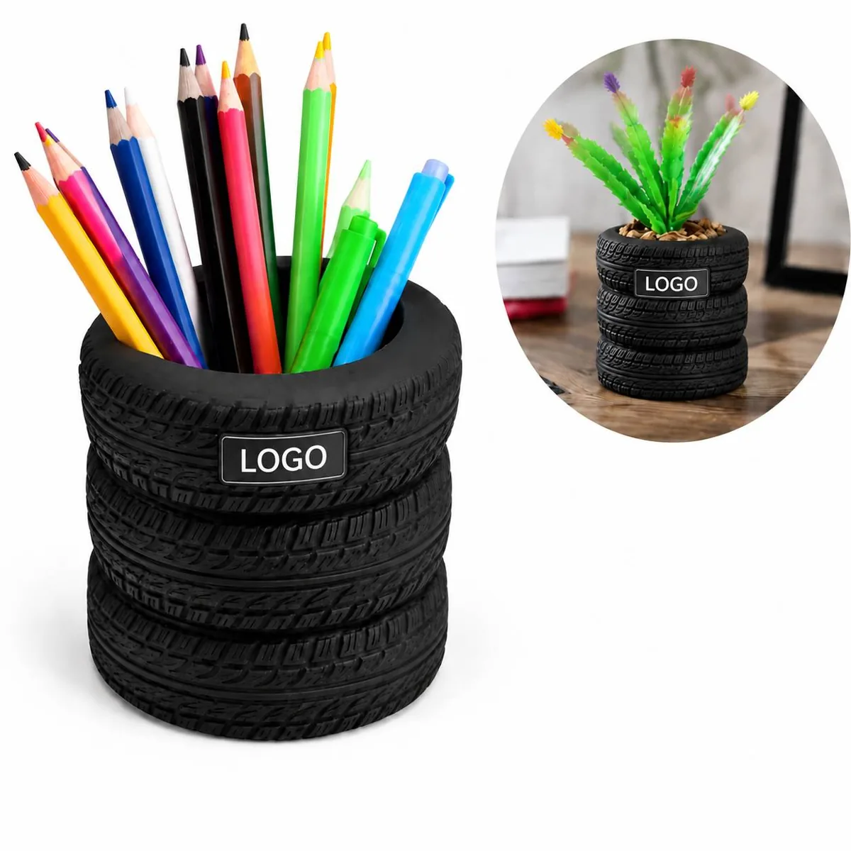 Racing Car Tire Pen Holder Desk Organizer with Tread Detail
