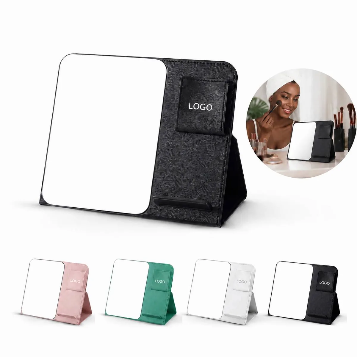 Folding Makeup Mirror with Phone Stand and Storage