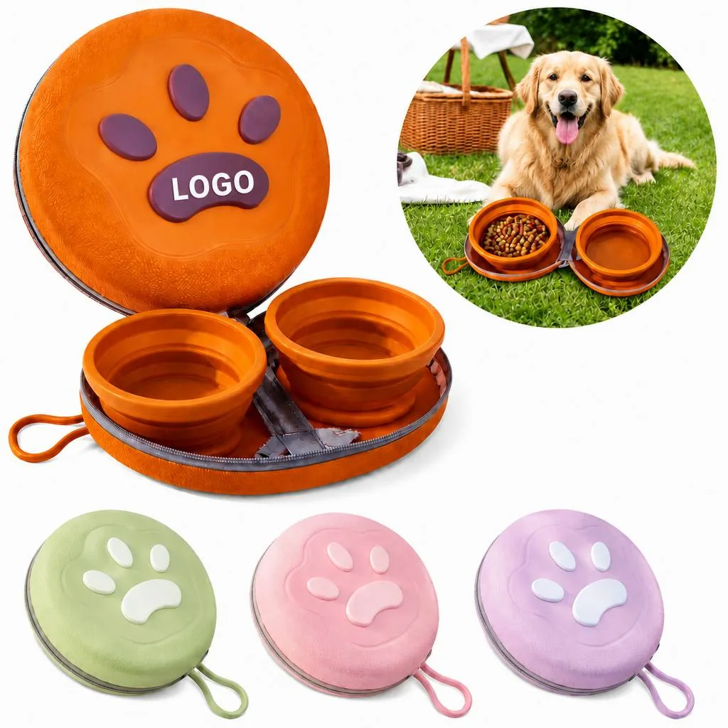 Collapsible Silicone Dual Pet Bowl for Travel, Portable