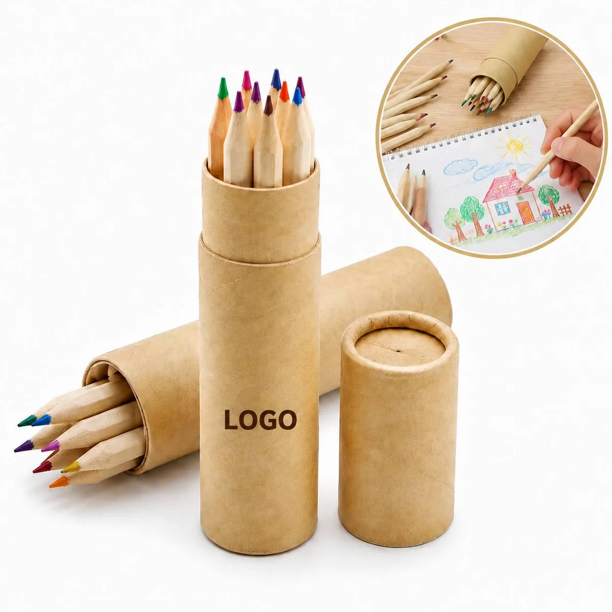 Smooth Colored Pencils in Wooden Storage Barrel for Drawing