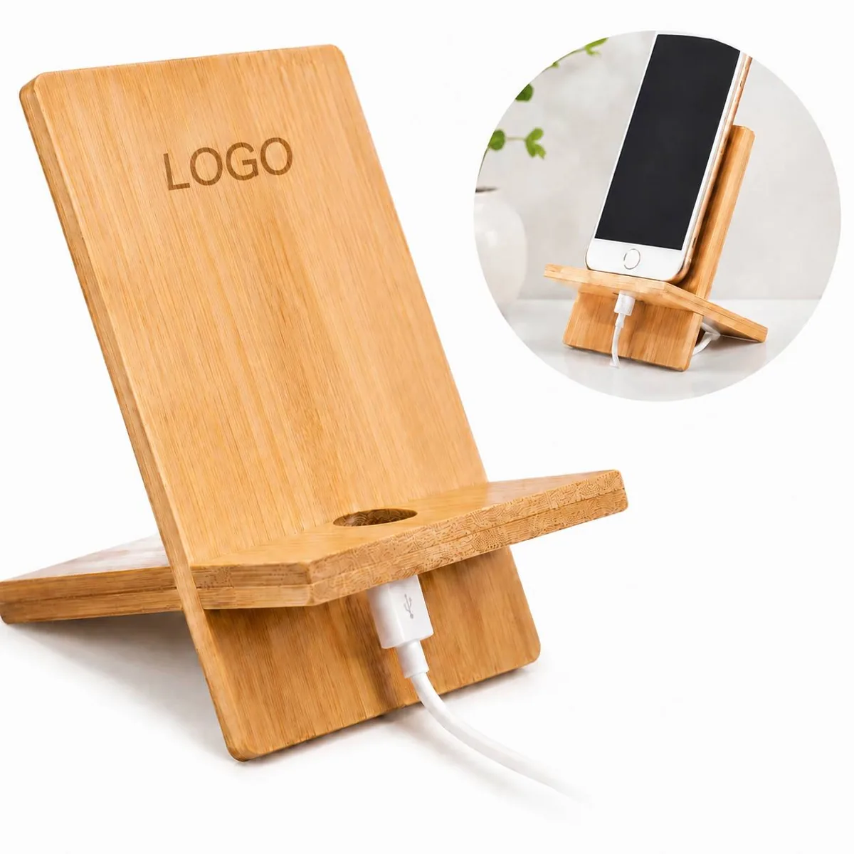 Natural Bamboo Phone Stand with Charging Hole for Desk