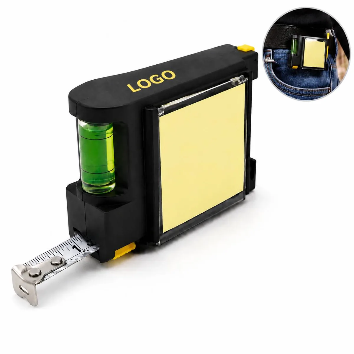 Multi-Function Tape Measure with Level and Pencil Holder