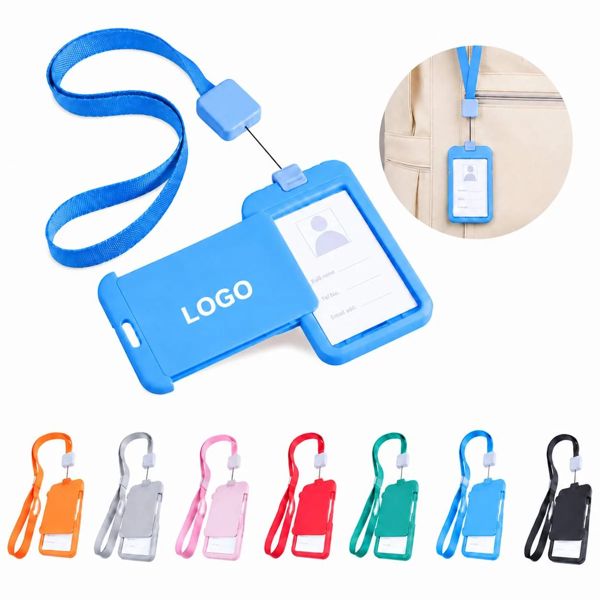 Square Retractable Badge Holder with transparent ID panel