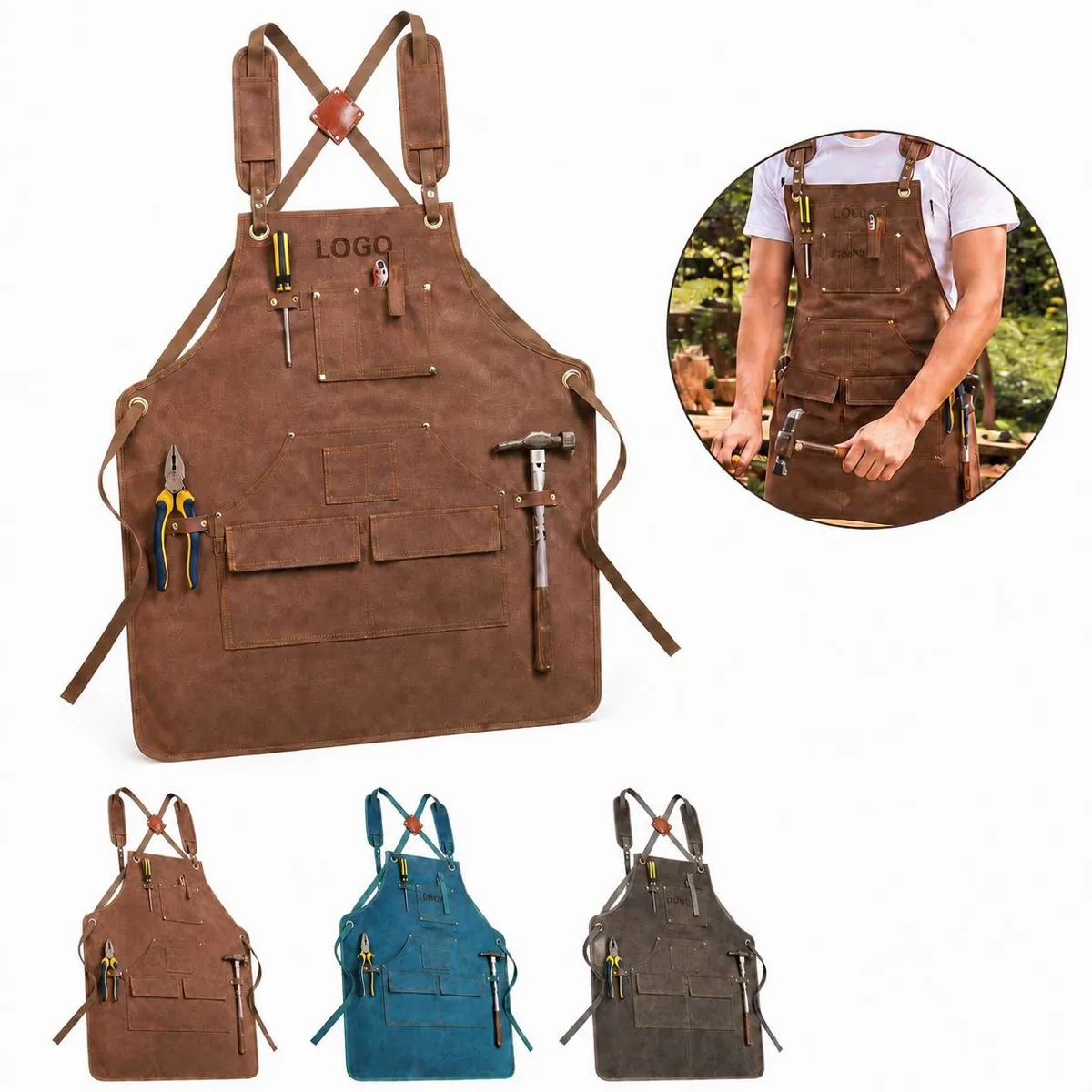 Heavy-Duty Waxed Canvas Cross-Back Woodworking Apron with Added Functionality