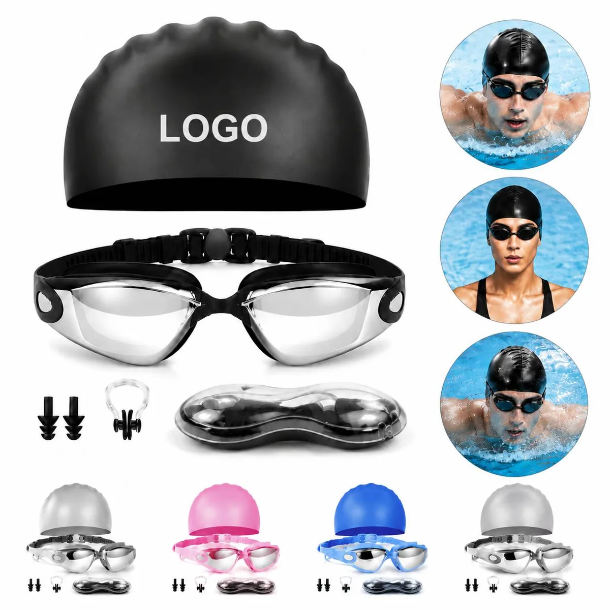 4-in-1 Swim Set with Anti-Fog Goggles & Silicone Cap