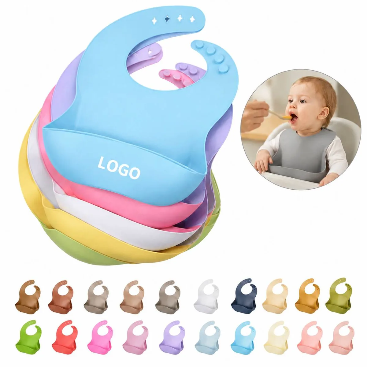 Adjustable Silicone Baby Bibs with Catch Pocket for Everyday Use
