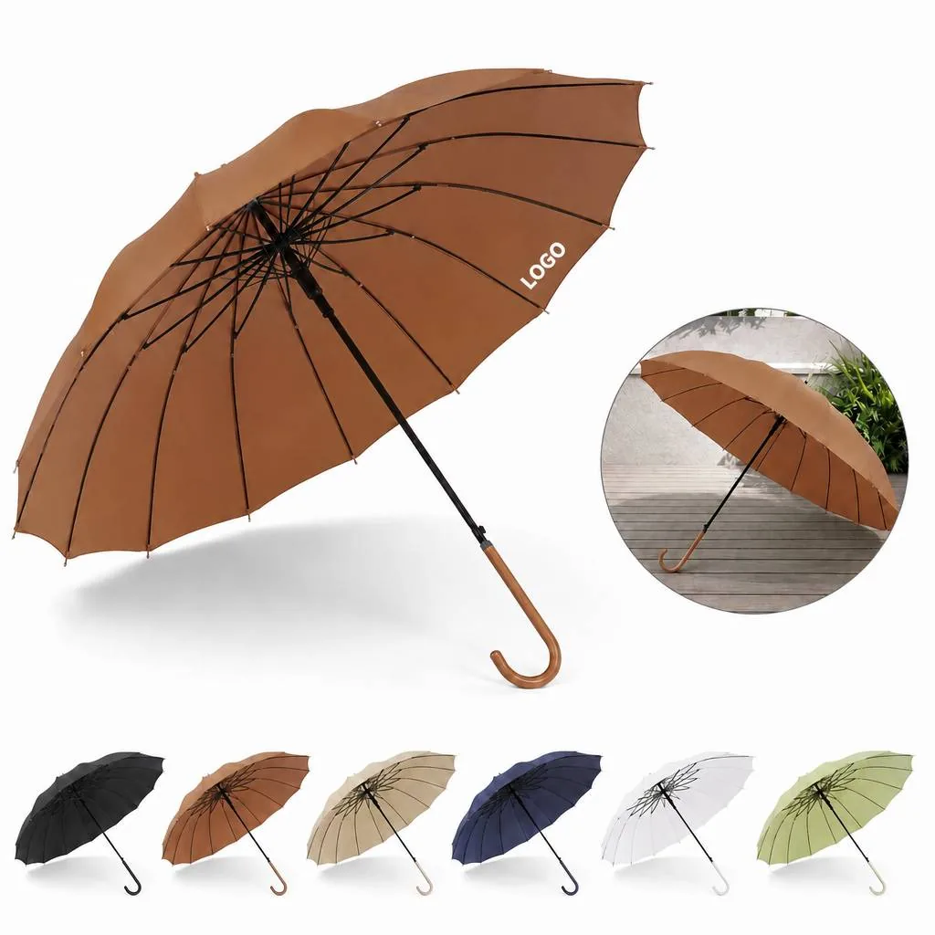 16-Rib J-Handle Stick Umbrella Windproof Rain Protection