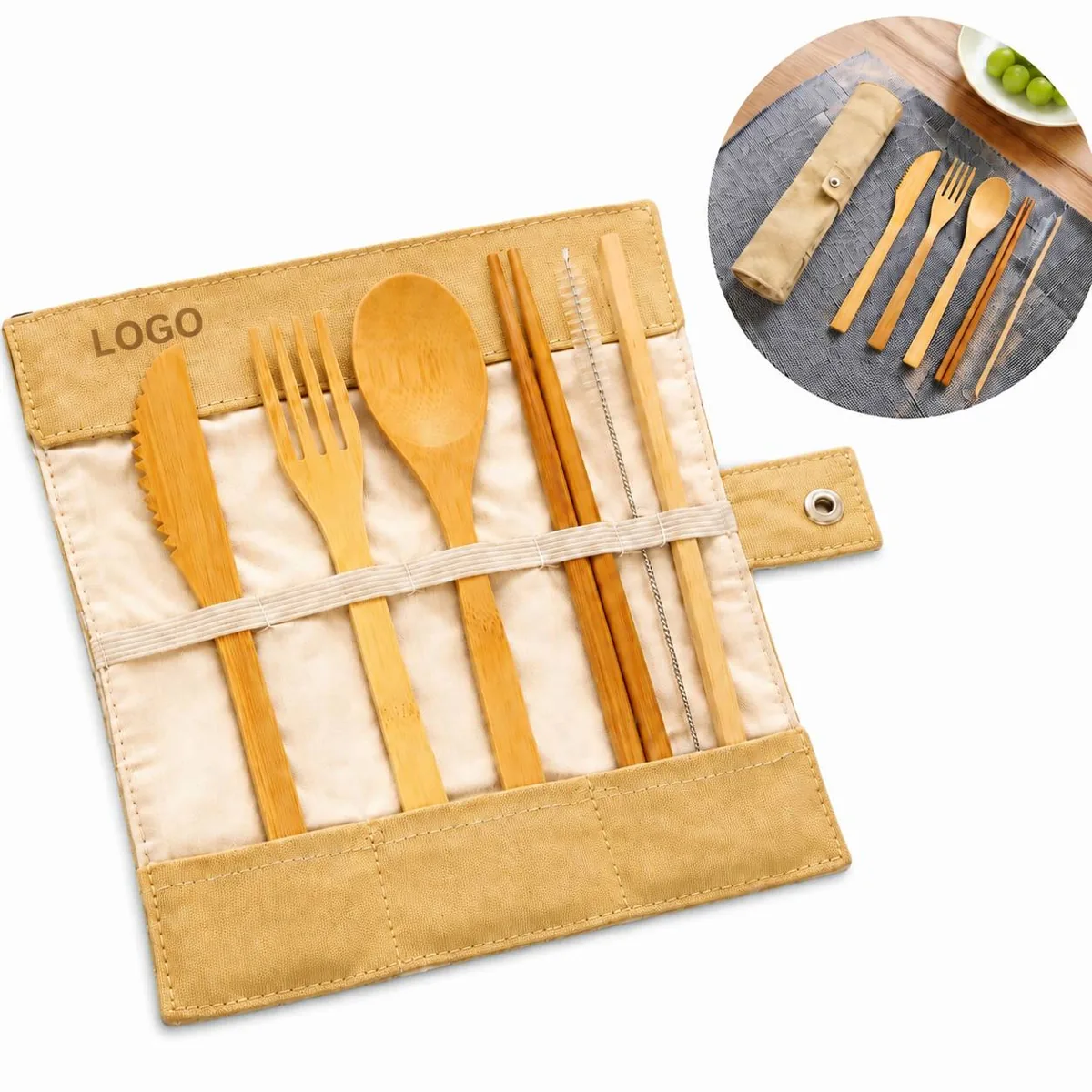 Eco-Friendly Bamboo Cutlery Set 6PCS with Cotton Pouch