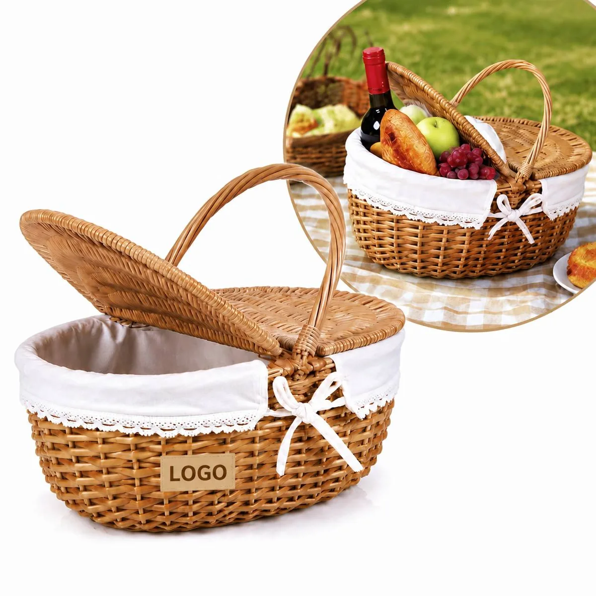 Natural Wicker Picnic Basket with Secure Lid and Handle