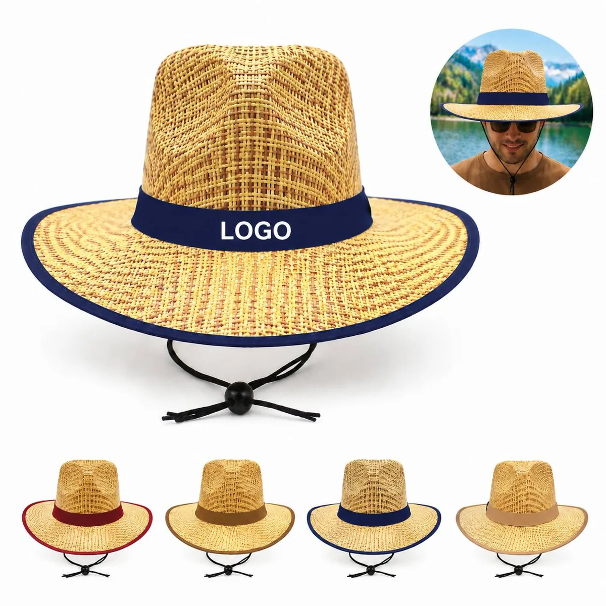 Unisex Wide Brim Natural Straw Cowboy Hat with Chin Strap