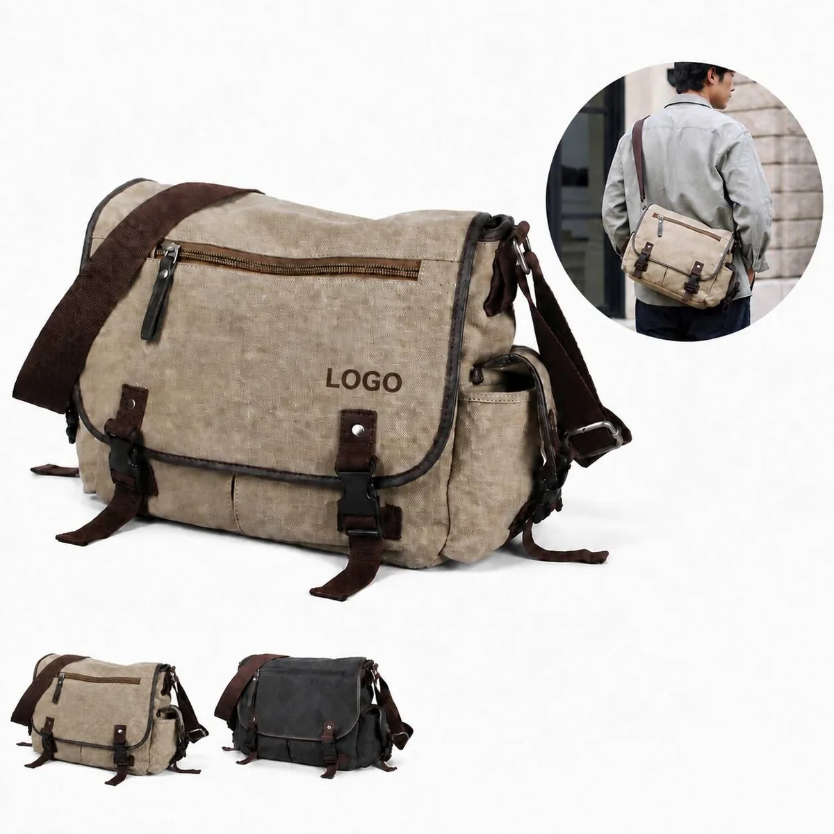 Vintage Canvas Messenger Bag with Adjustable Strap, Durable