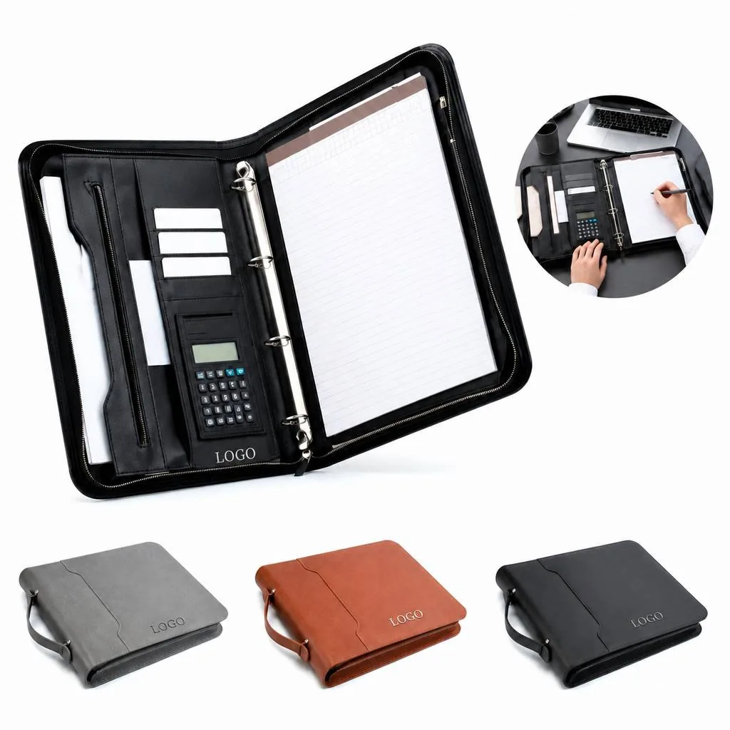 Zippered PU Leather A4 Binder with Card Slots