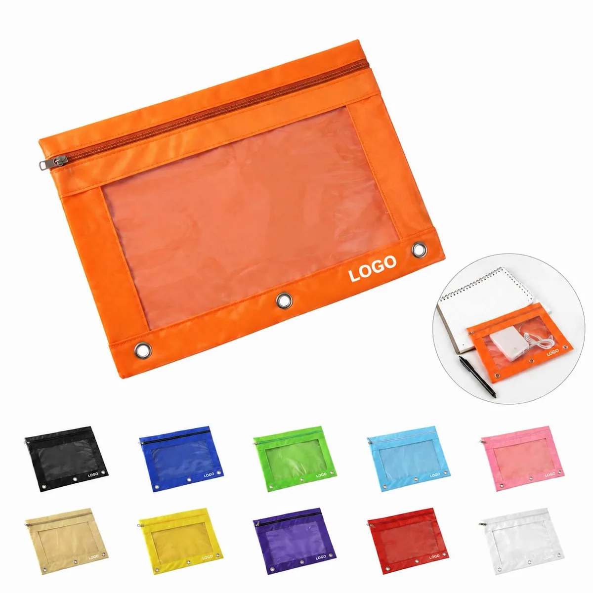 Three-Ring Zippered PVC Pencil Pouch for Binders