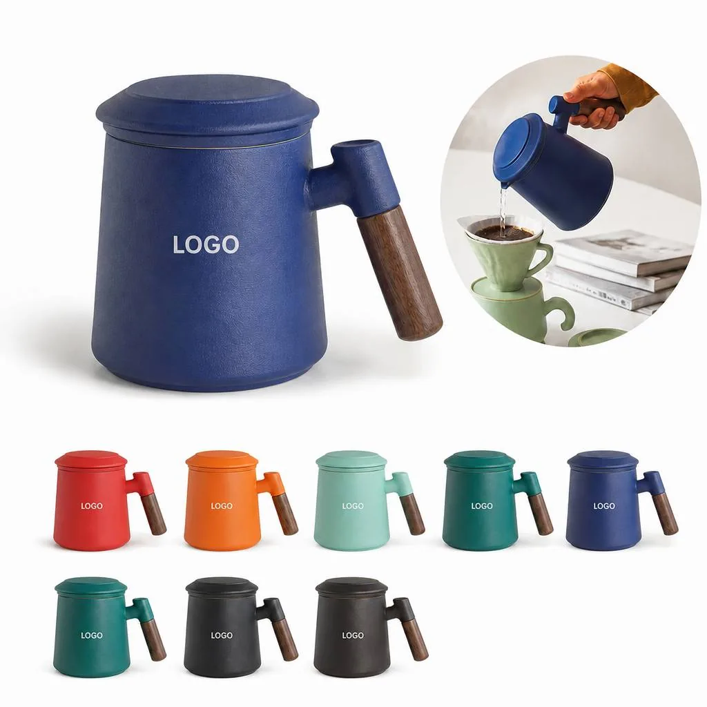 12 oz Tea Cup with Infuser and Lid, Wooden Handle