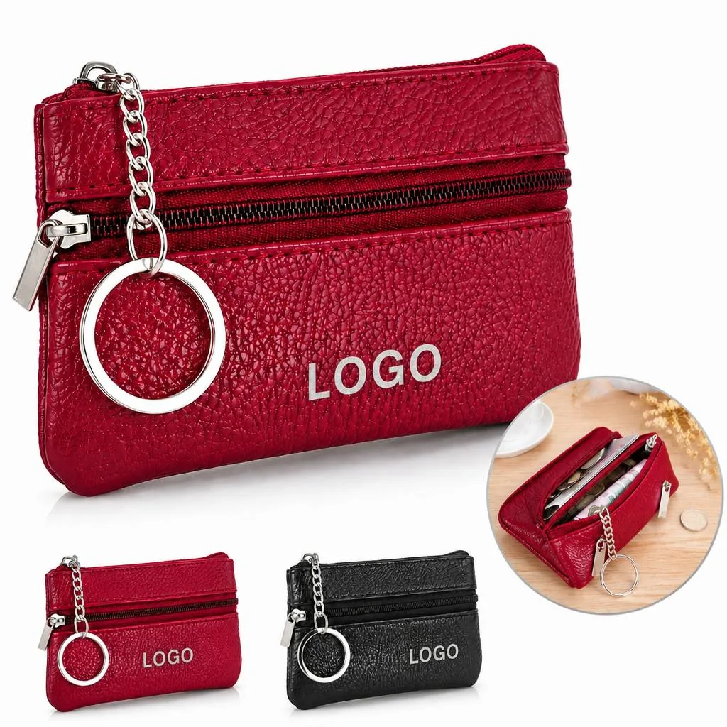 Washable PU Mini Change Wallet with Keychain, Zippered Coin