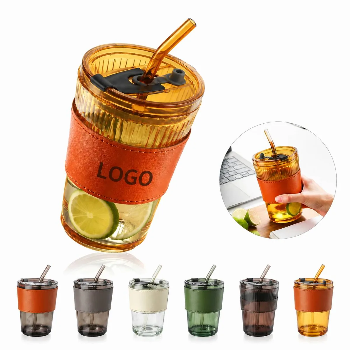 15.2oz Leakproof Glass Tumbler with Bamboo Lid and Reusable