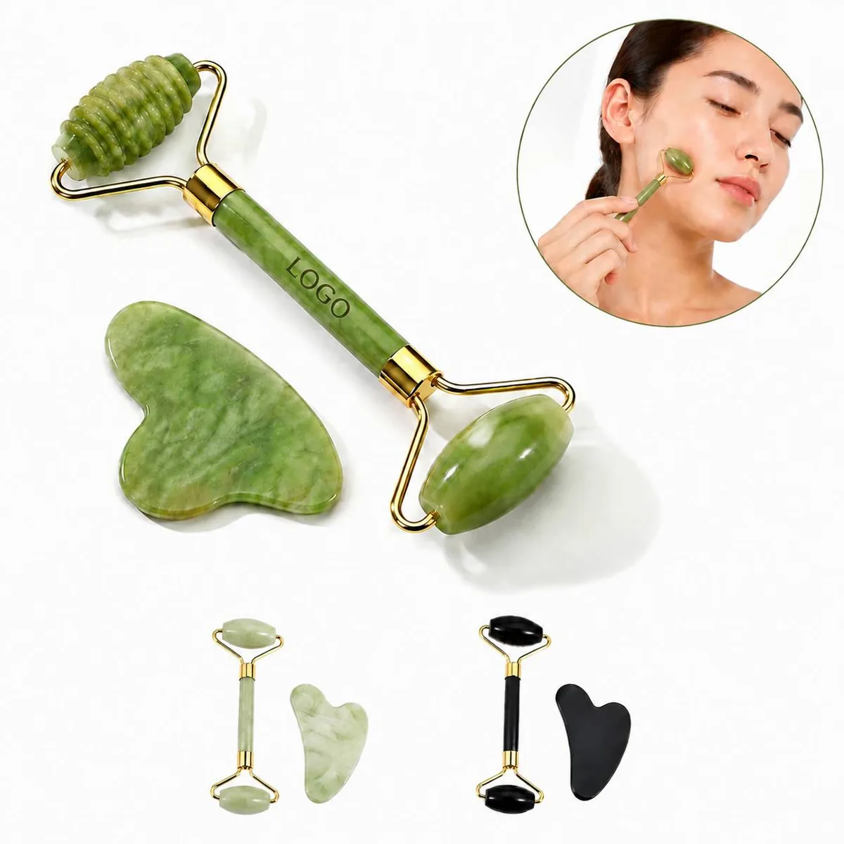 3-Pcs Jade Facial Roller & Gua Sha Set for Lymphatic
