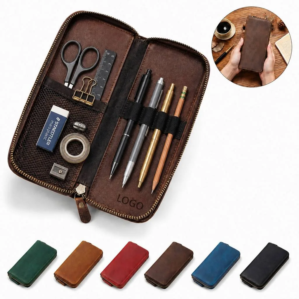 Cowhide Mesh Zippered Pencil Case for Pens and Stationery